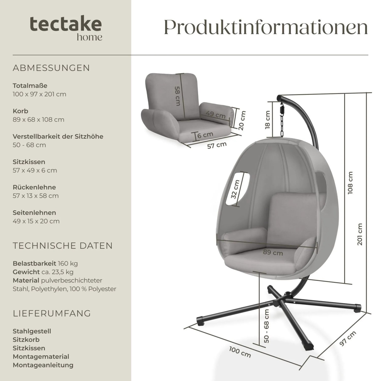 Hellgrauer Tectake Hängesessel Anika mit dickem Sitzkissen auf schwarzem Stahlgestell. Maße sind sichtbar.