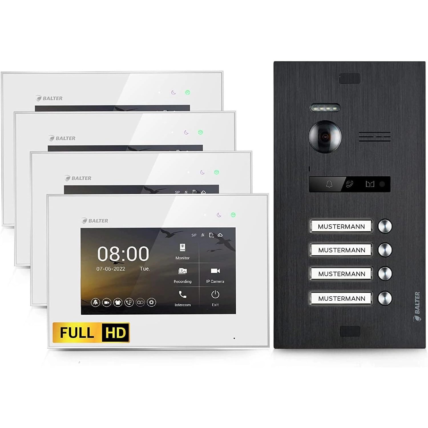 Balter EVO-HD Video-Türsprechanlage für Vierfamilienhaus mit 4x 7 Zoll Monitor Weiß-Schwarz