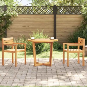 Runder Garten-Esstisch aus Akazienholz mit zwei Stühlen für den Außenbereich.