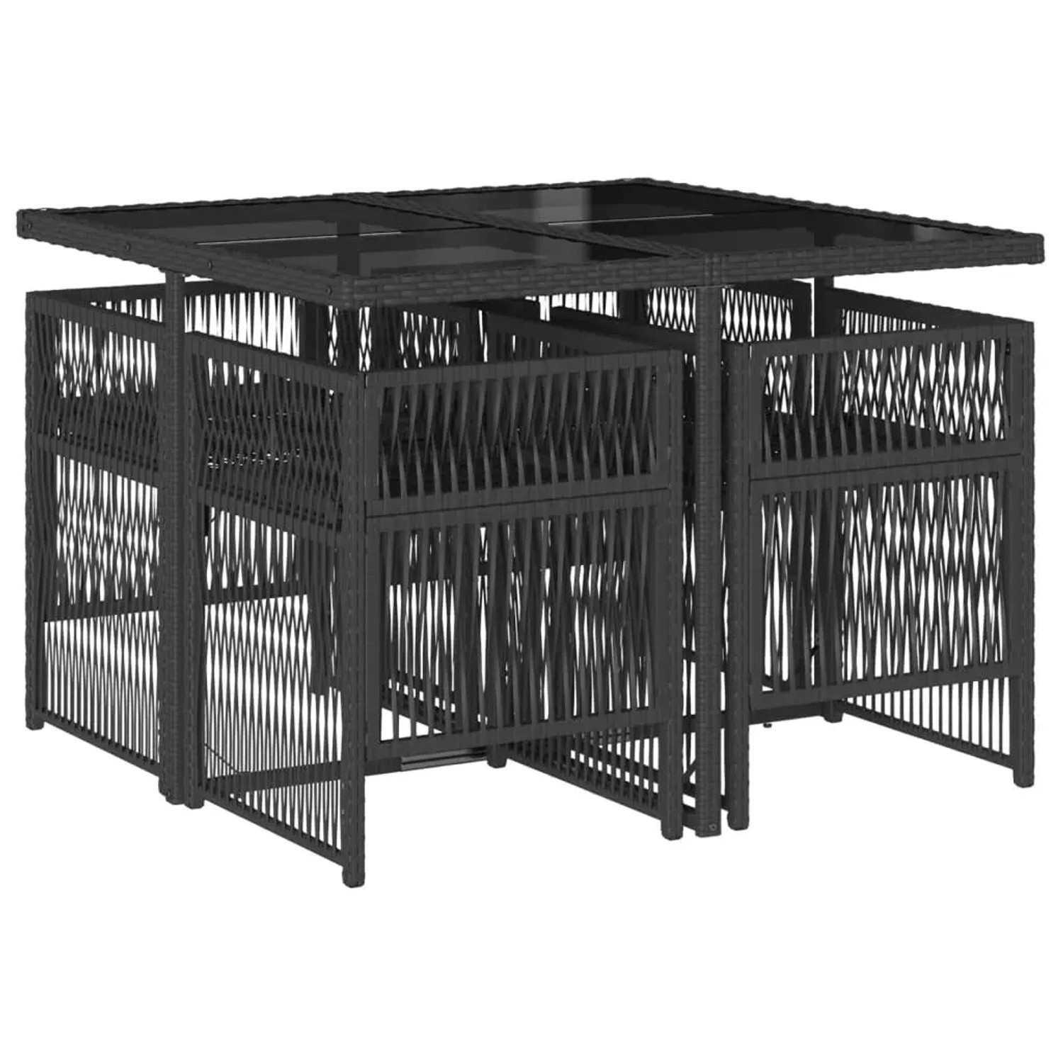 Schwarze 5-tlg. vidaXL Garten-Essgruppe aus Polyrattan mit Tisch und Stühlen inklusive Kissen.