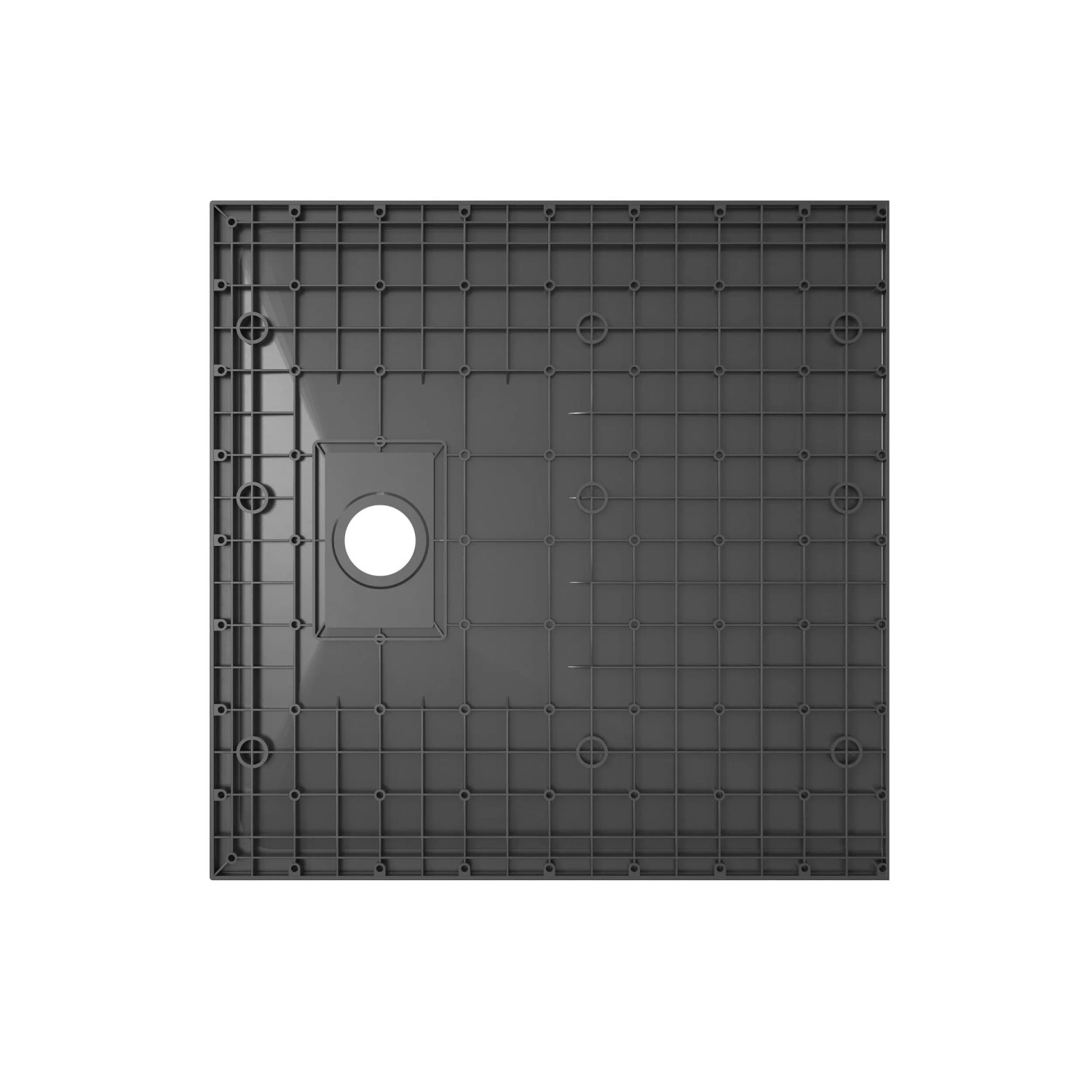 Schwarze, quadratische Aquabatos SMC Duschwanne 90x90 cm in Steinoptik mit Ablaufgarnitur, Unterseite.