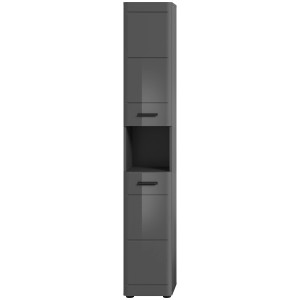 Grauer Bad Hochschrank (30x180x30cm) mit Hochglanz-Front für mehr Stauraum im Badezimmer.