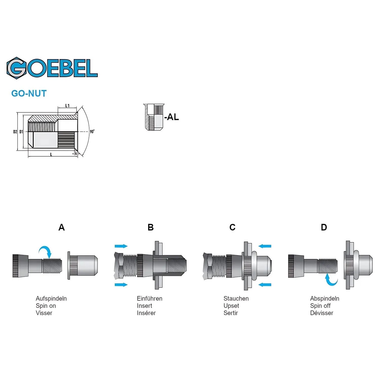 GOEBEL M4 Blindnietmuttern Set, Aluminium, Senkkopf, Montageablauf dargestellt.
