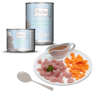 Mjamjam Katzen-Nassfutter Blanchierte Pute mit Möhrchen, Dosen und angerichtete Portion.