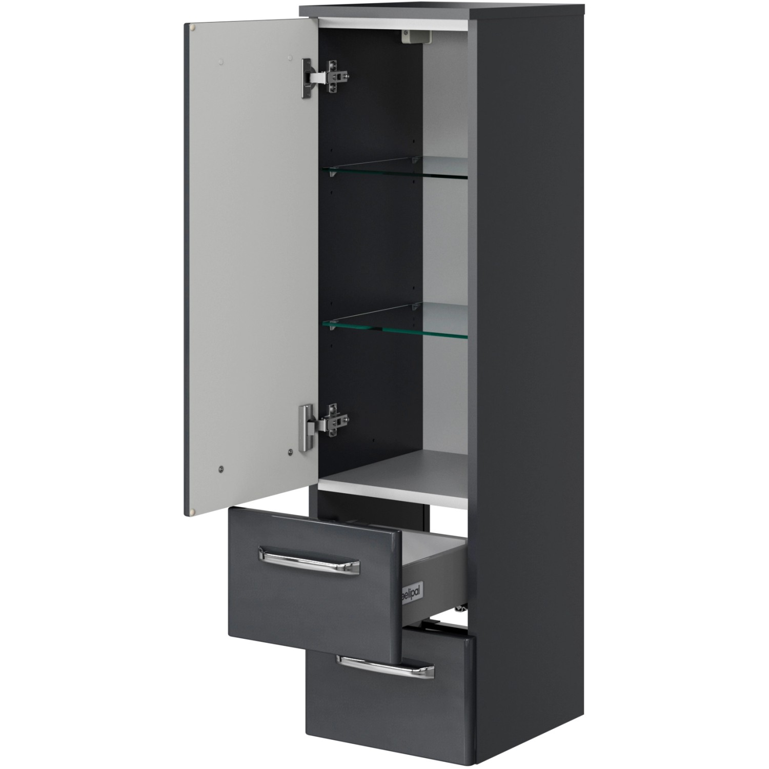 Pelipal Bad-Hängeschrank Trentino, Anthrazit Hochglanz, 30 cm breit, mit Tür, Schubladen und Glasböden.