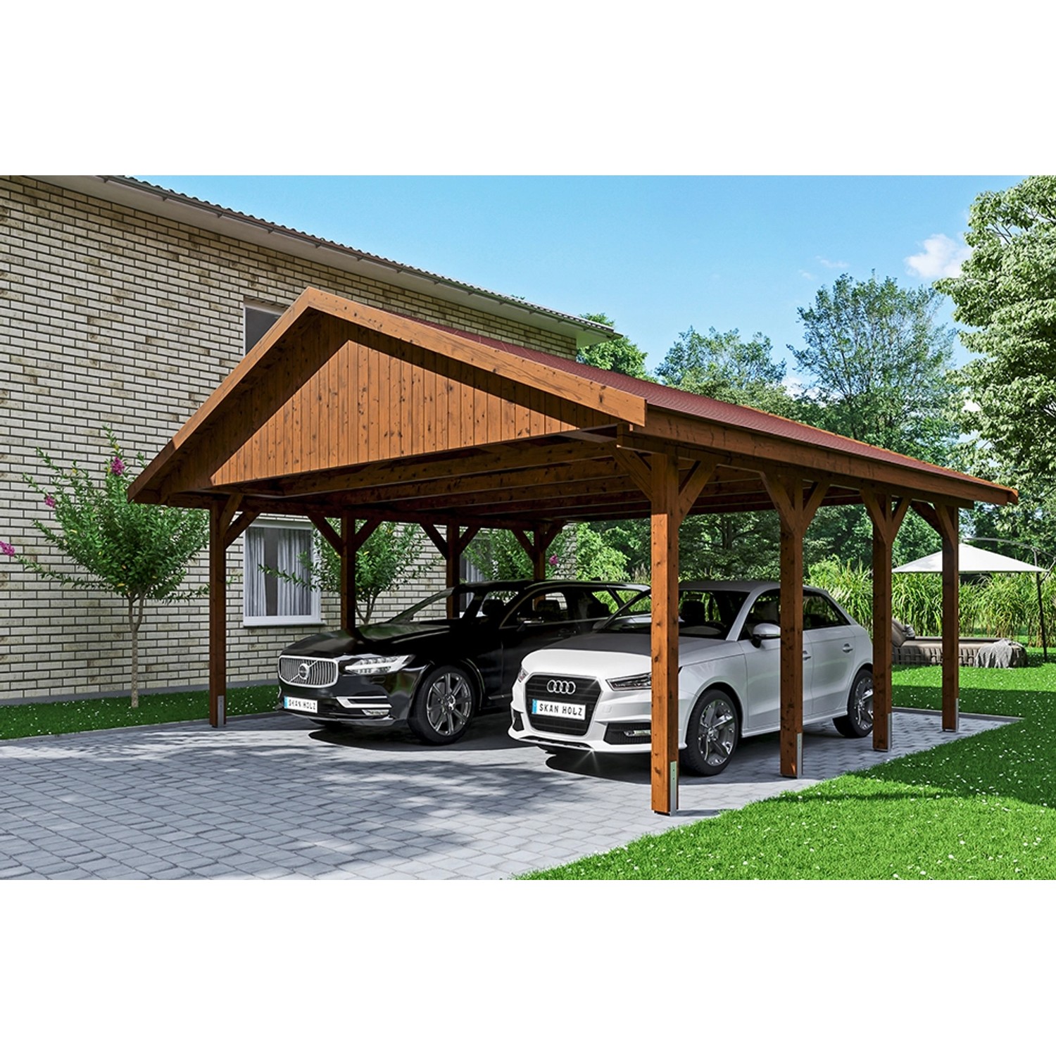 Satteldach-Carport Wallgau Nussbaum 620 x 600 cm rote Schindeln