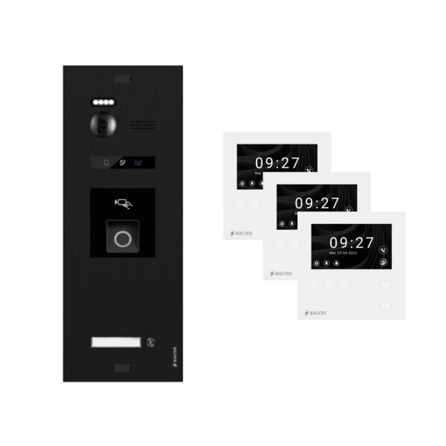 Balter Evo-HD-Mini Video Türsprechanlage mit Fingerprint Komplettset für 1-Familienhaus mit 3x 4,3 Zoll Monitor Schwarz