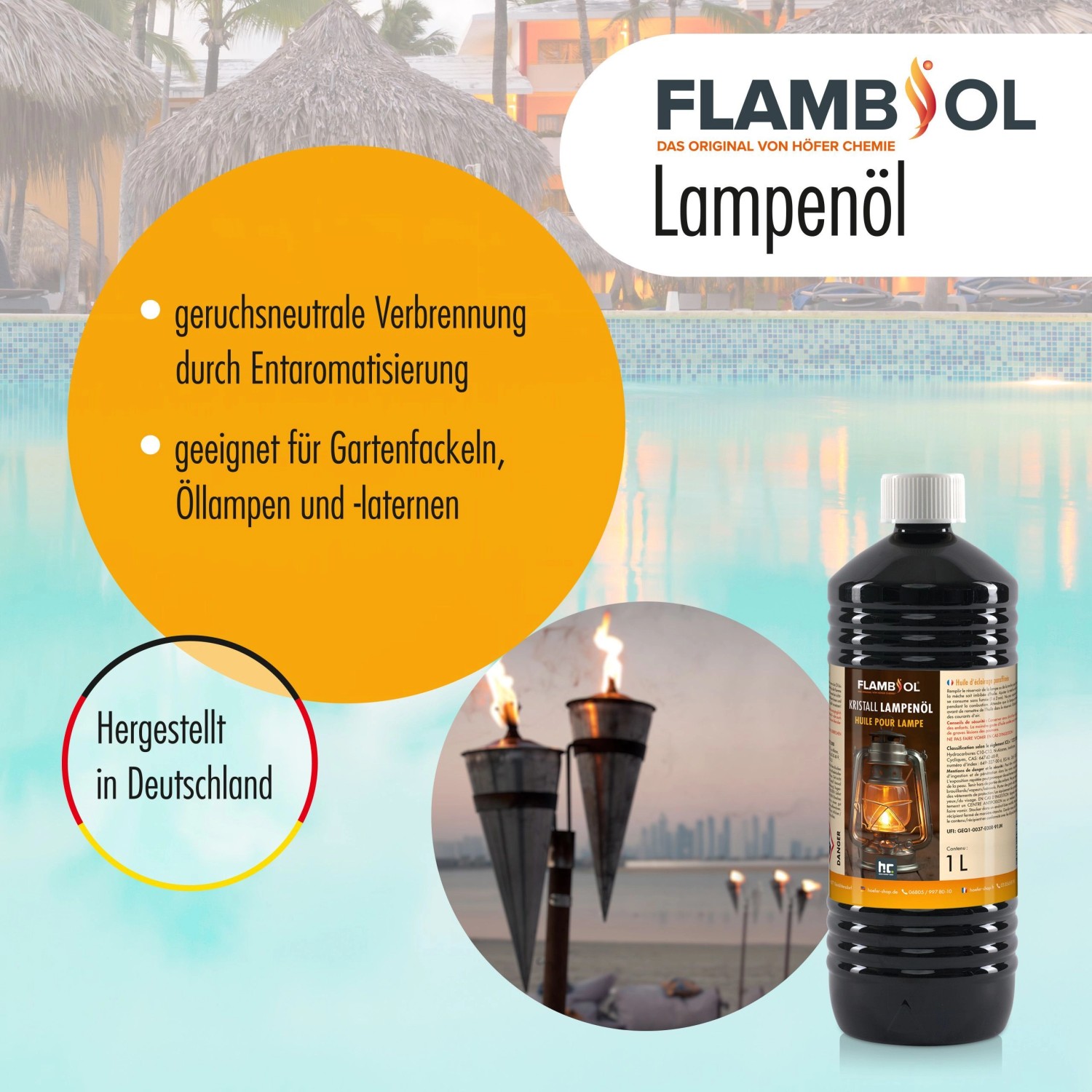 Flasche Flambiol Lampenöl, hochrein & kristallklar, 1 Liter für Lampen, Fackeln und Laternen.