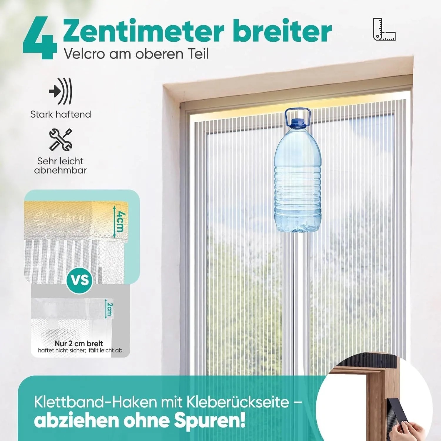 Weißer Insektenschutz-Türvorhang mit 4cm Klettband. Zeigt starke Haftung, leichte Abnehmbarkeit und Stabilität.