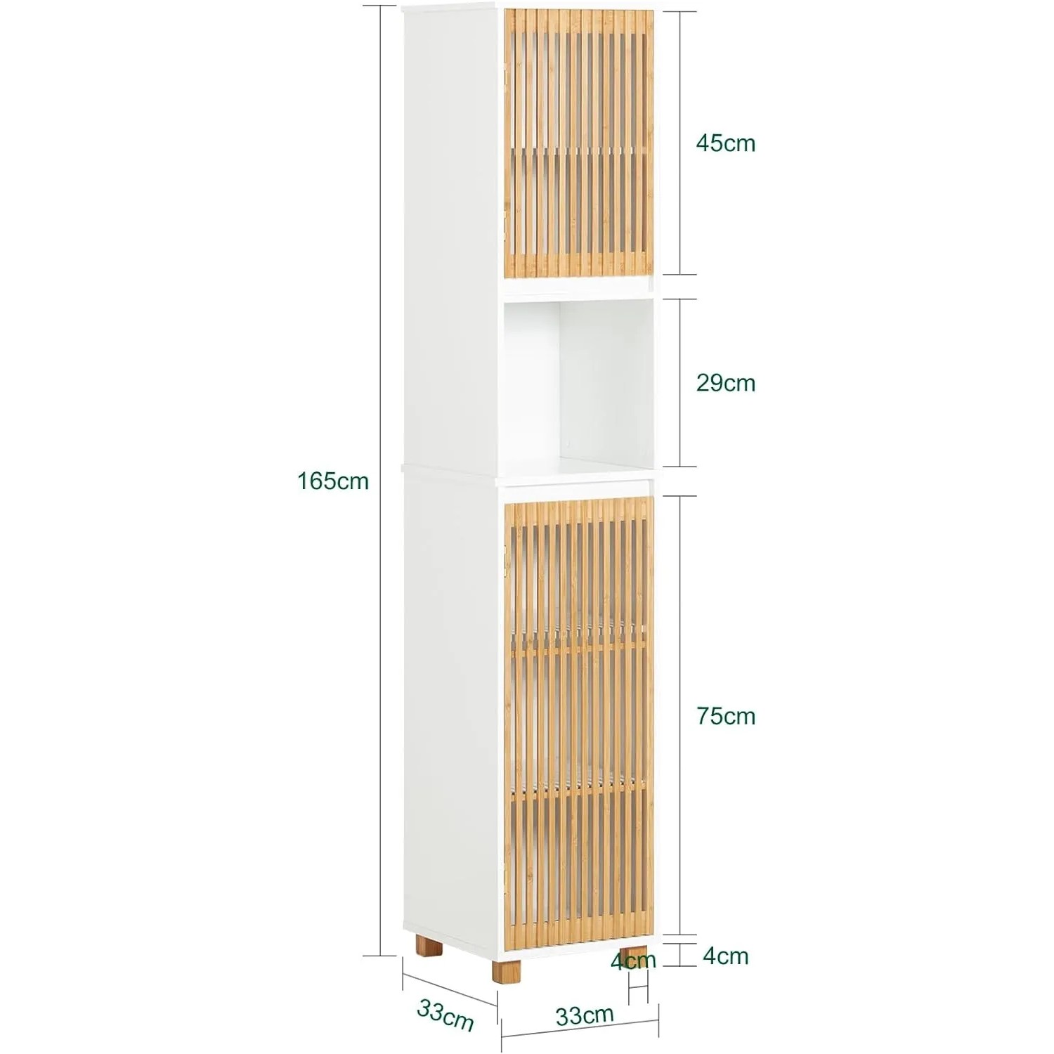 SoBuy Hochschrank BZR127-W, weißes Badregal mit Lamellentüren aus Bambus, 165 cm hoch.