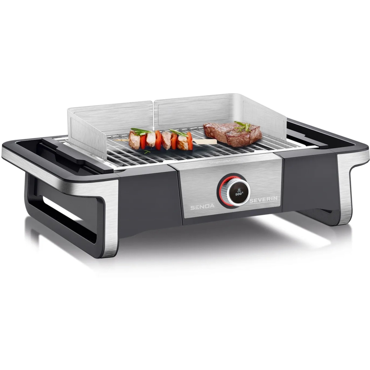 Severin Tischgrill PG 8114 SENOA DigitalBOOST mit Grillgut, silberfarben.