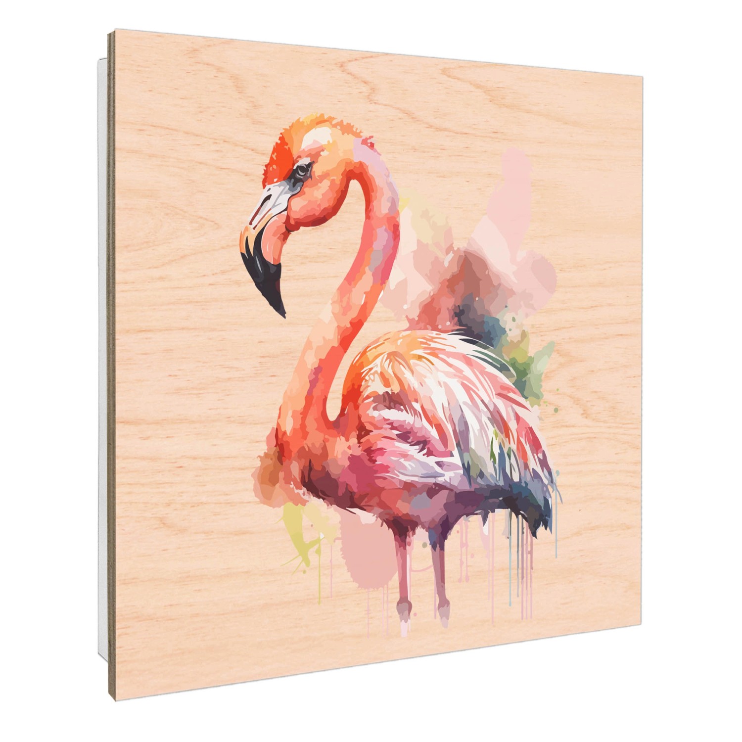 Banjado Schlüsselbox mit Aquarell-Flamingo auf Holzfront, 30x30cm, 50 Haken. Schlüsselkasten für die Wandmontage.