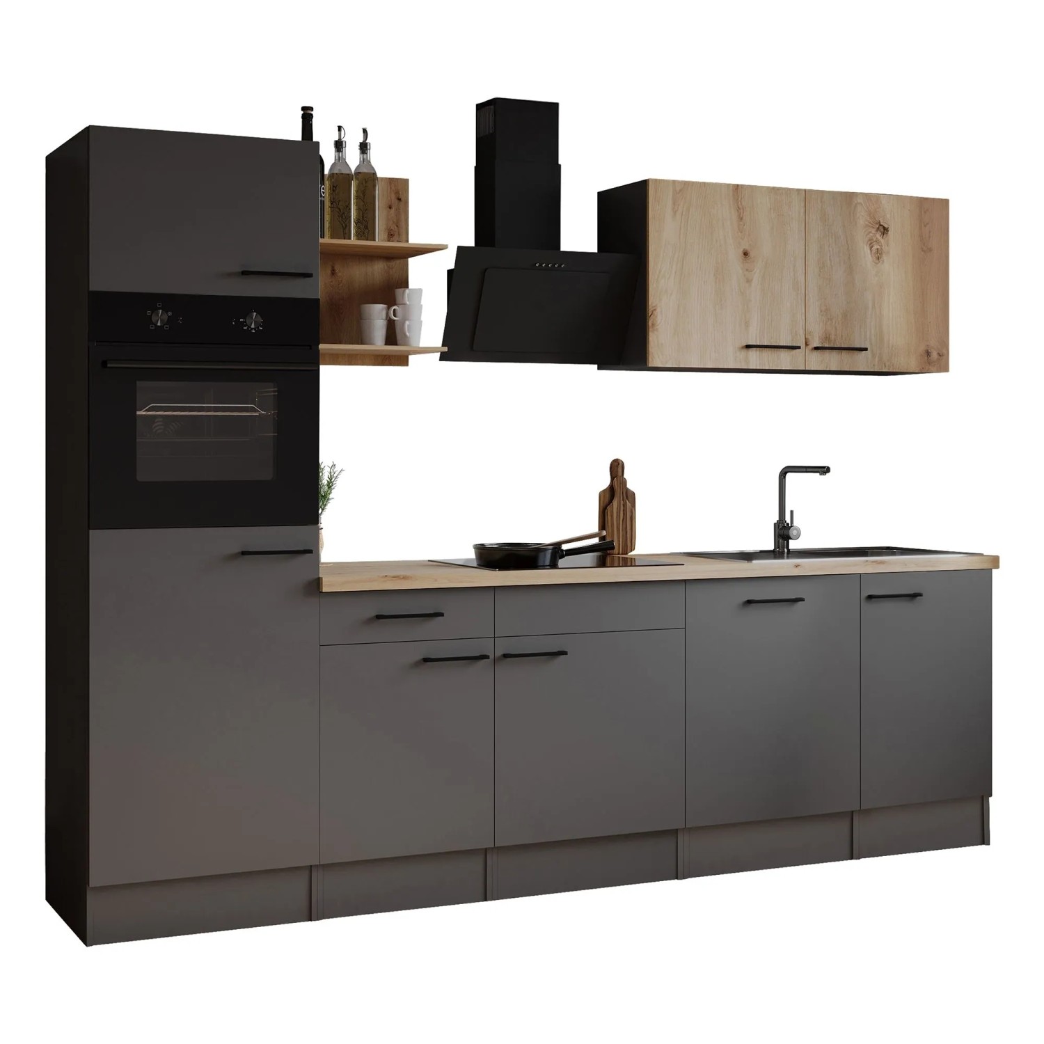 Respekta Oliver Küchenzeile 280 cm mit Regal Grau/Artisan Eiche