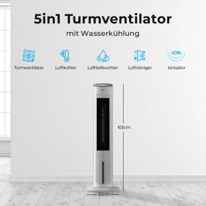 Balter Turmventilator VT-09-WH mit Ionisator und Wasserkühlung, 103cm hoch, im Raum.