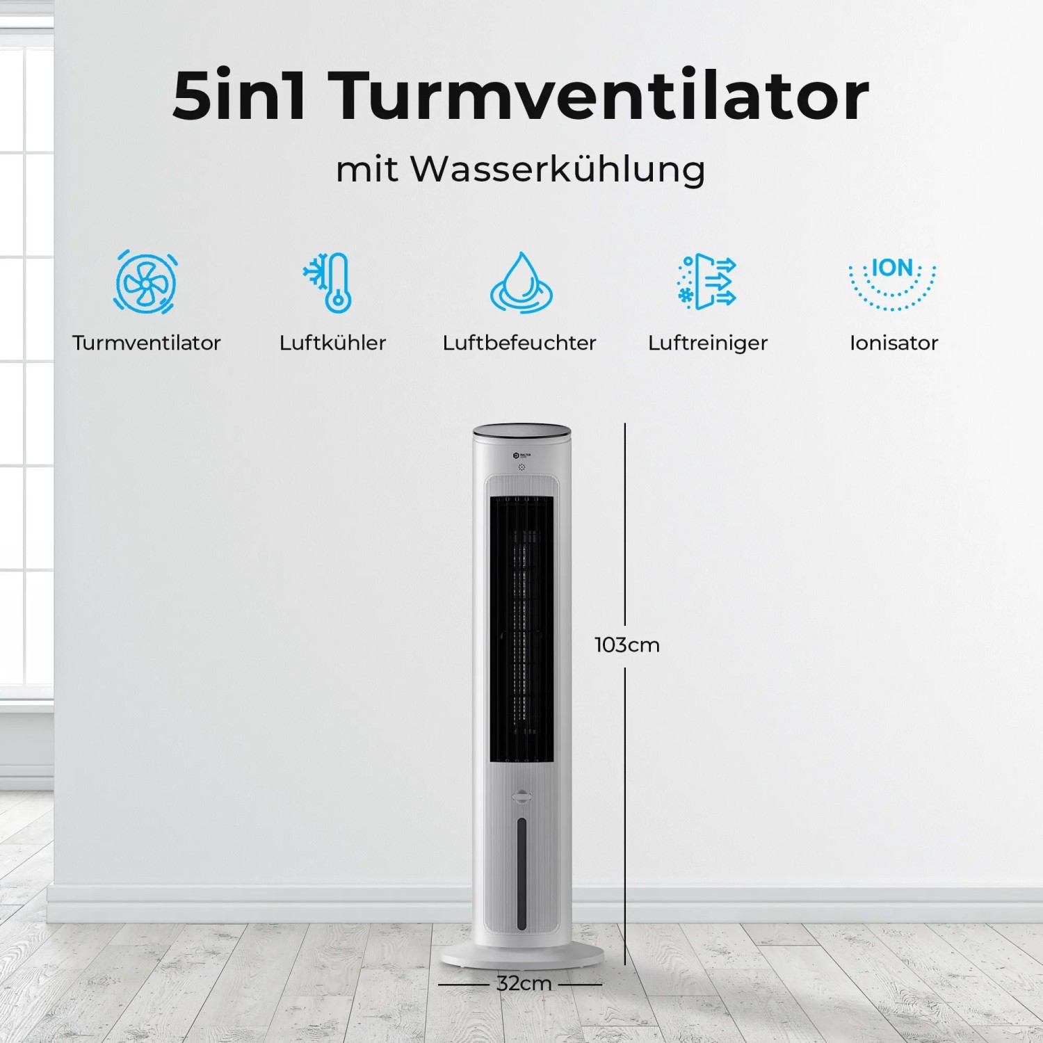 Balter Turmventilator VT-09-WH mit Ionisator und Wasserkühlung, 103cm hoch, im Raum.