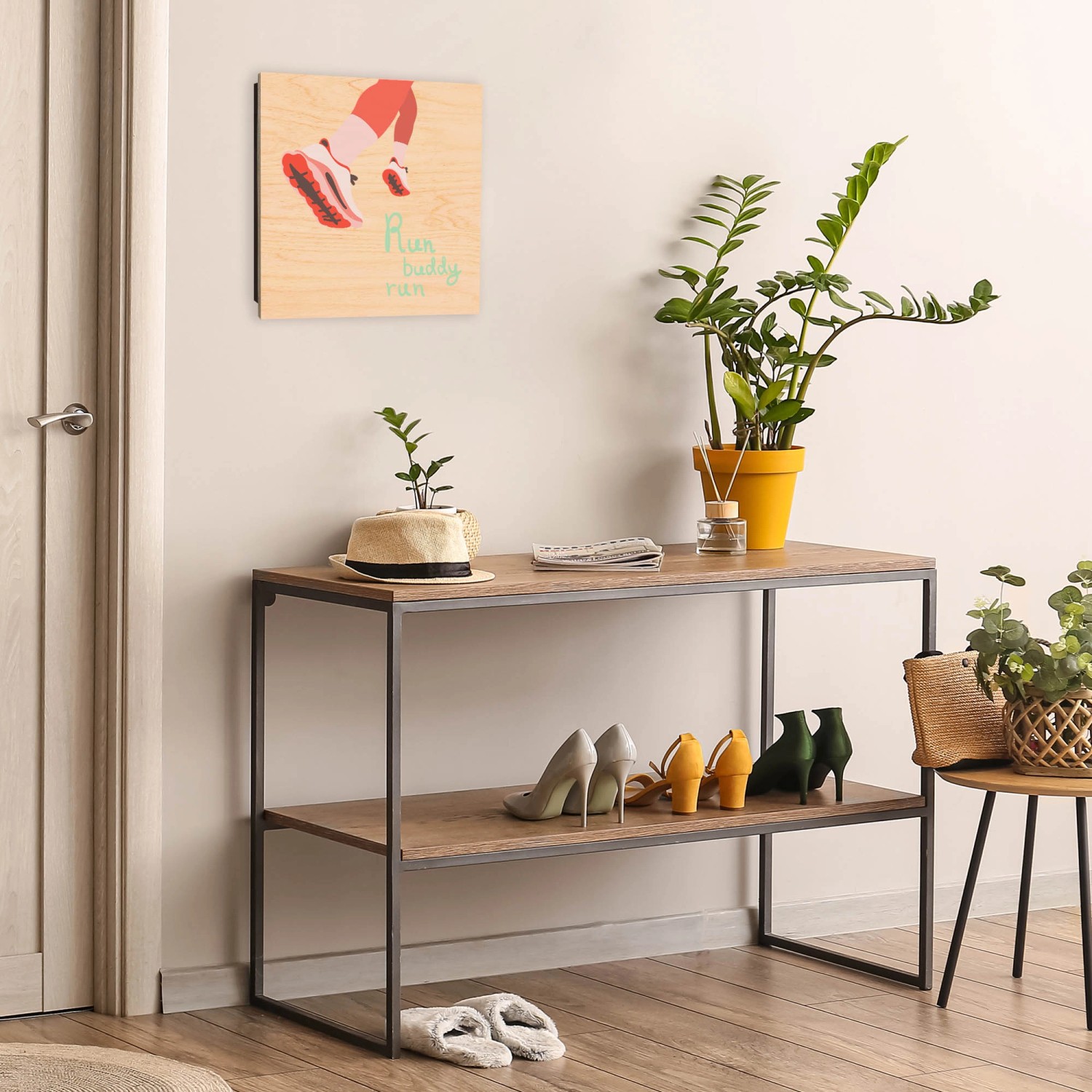 banjado Schlüsselkasten Holz 30x30cm, Motiv Laufschuh. Schlüsselbox mit 50 Haken für Flur oder Büro.