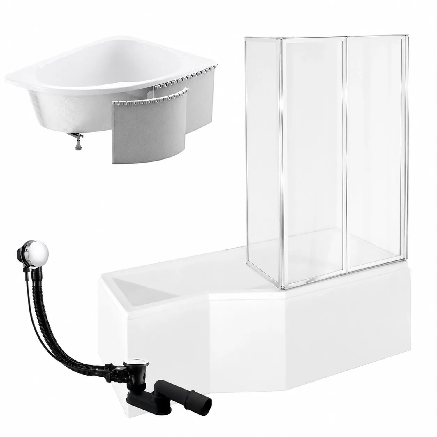 KOLMAN Badewanne Eckwanne 170 x 75 Cm Rechts Mit Styroporverkleidung Und Glasabtrennung 3-Teilig Inkl. Ablauf Und Füße