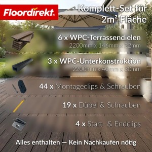 Floordirekt WPC Terrassendielen Crown 220 cm Beidseitig Nutzbar Komplettset 2 m² Braun