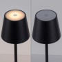 Schwarze LED-Akku-Tischleuchte Euria von Just Light, mit Touchdimmer, an- und ausgeschaltet dargestellt.