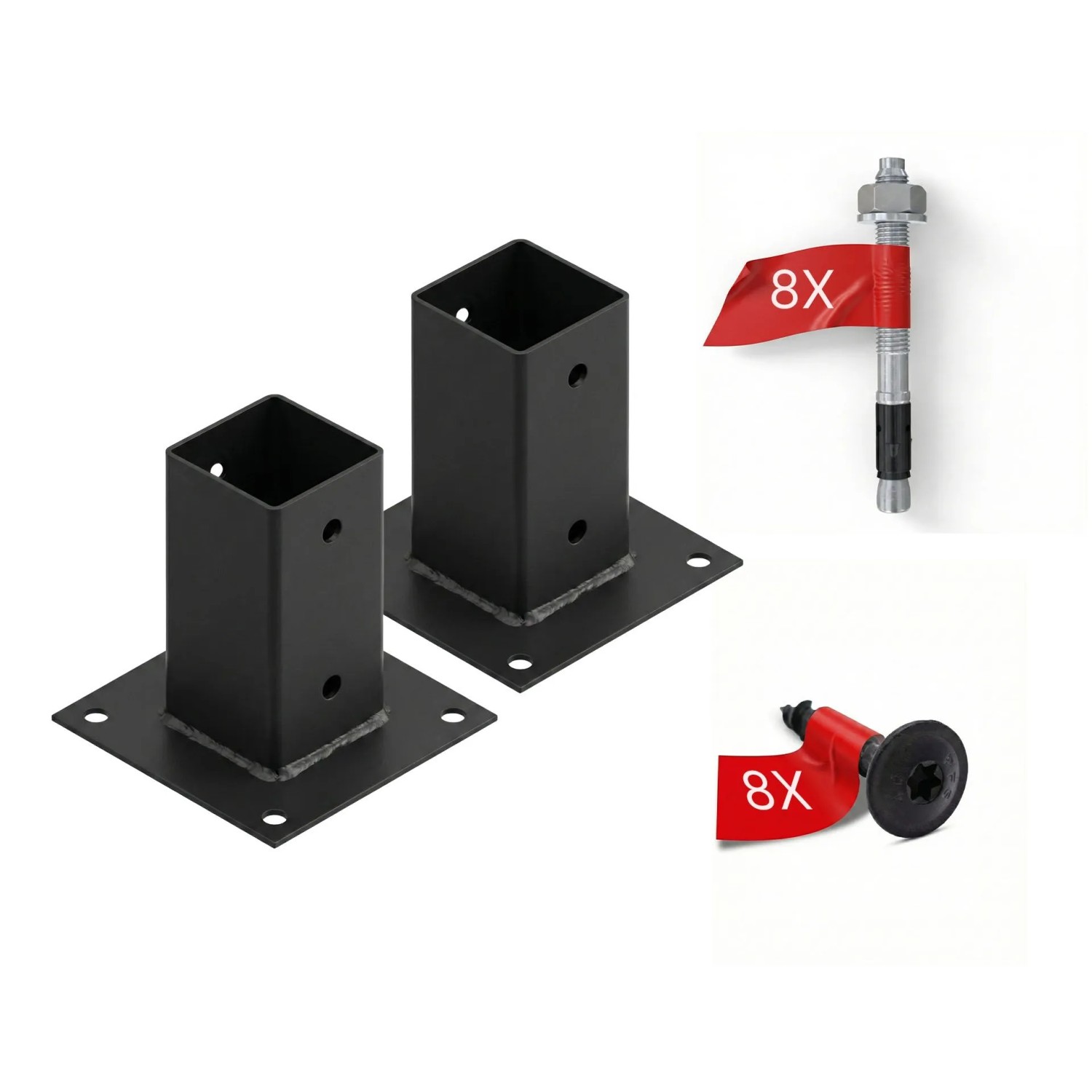 HOLLMAX 2 Stk. Aufschraubhülse/Pfostenträger 71 mm Komplettset Pulverbeschichtet Schwarz für Vierkantpfosten