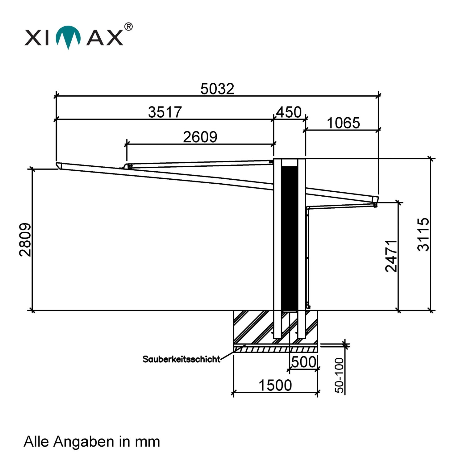 Technische Zeichnung: Ximax Carport Miro Typ 2450, Maße und Details zur Sonderfertigung.