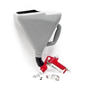 Graue Wiltec Druckluft Weißelspritze mit roter Farbsprühpistole, Trichter und Düsen. Zubehör für Kompressoren.