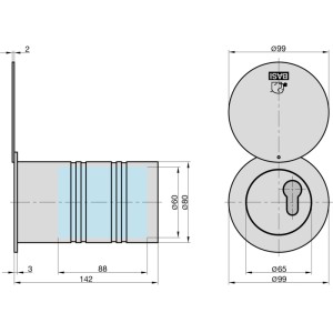 Technische Zeichnung Basi Rohrtresor RT 103-S mit Maßen, Tresor für Wandmontage.