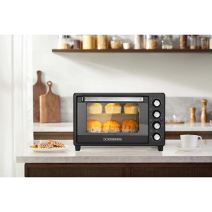 Steinborg Mini-Backofen SB-3013, 35 Liter, schwarz, mit Muffins im Garraum.