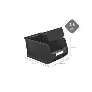 Schwarze ESD Sichtlagerbox 2.8L mit Abdeckung, Teil eines Aufbewahrungssystems.