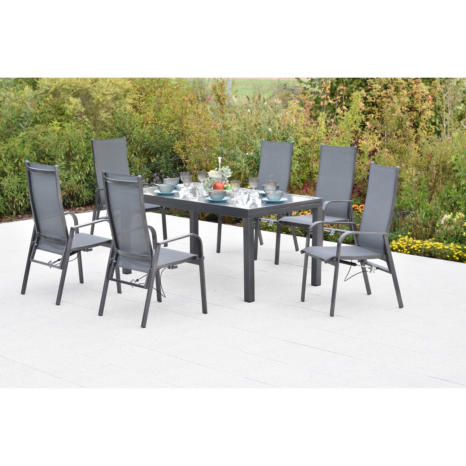 Merxx Alassio Set 7-tlg. 6 Sessel Gasdruck Gartentisch Ausziehbar 150 (210) günstig online kaufen