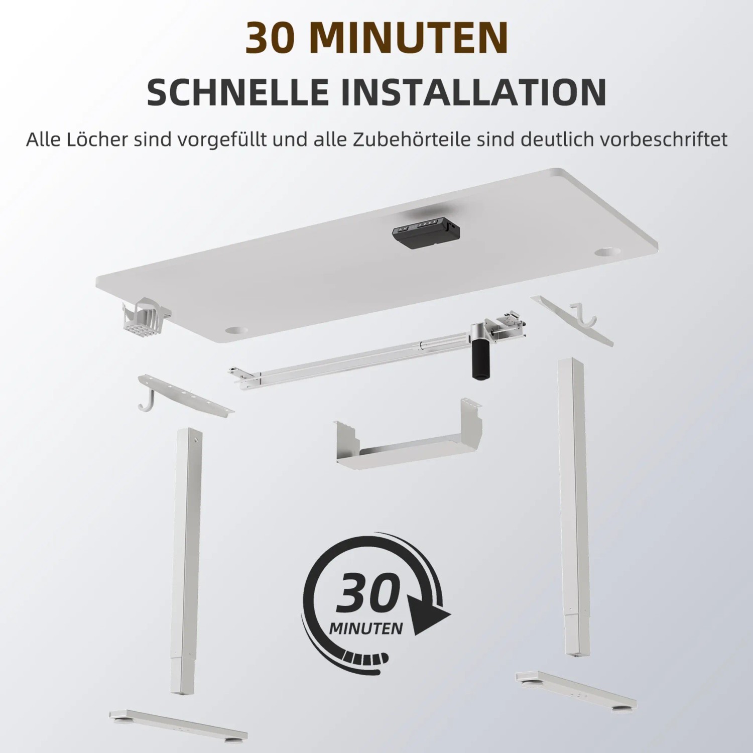 Explosionszeichnung: HOMAVO höhenverstellbarer Schreibtisch 120x60cm, weiße Tischplatte, silbernes Gestell, Einzelteile.