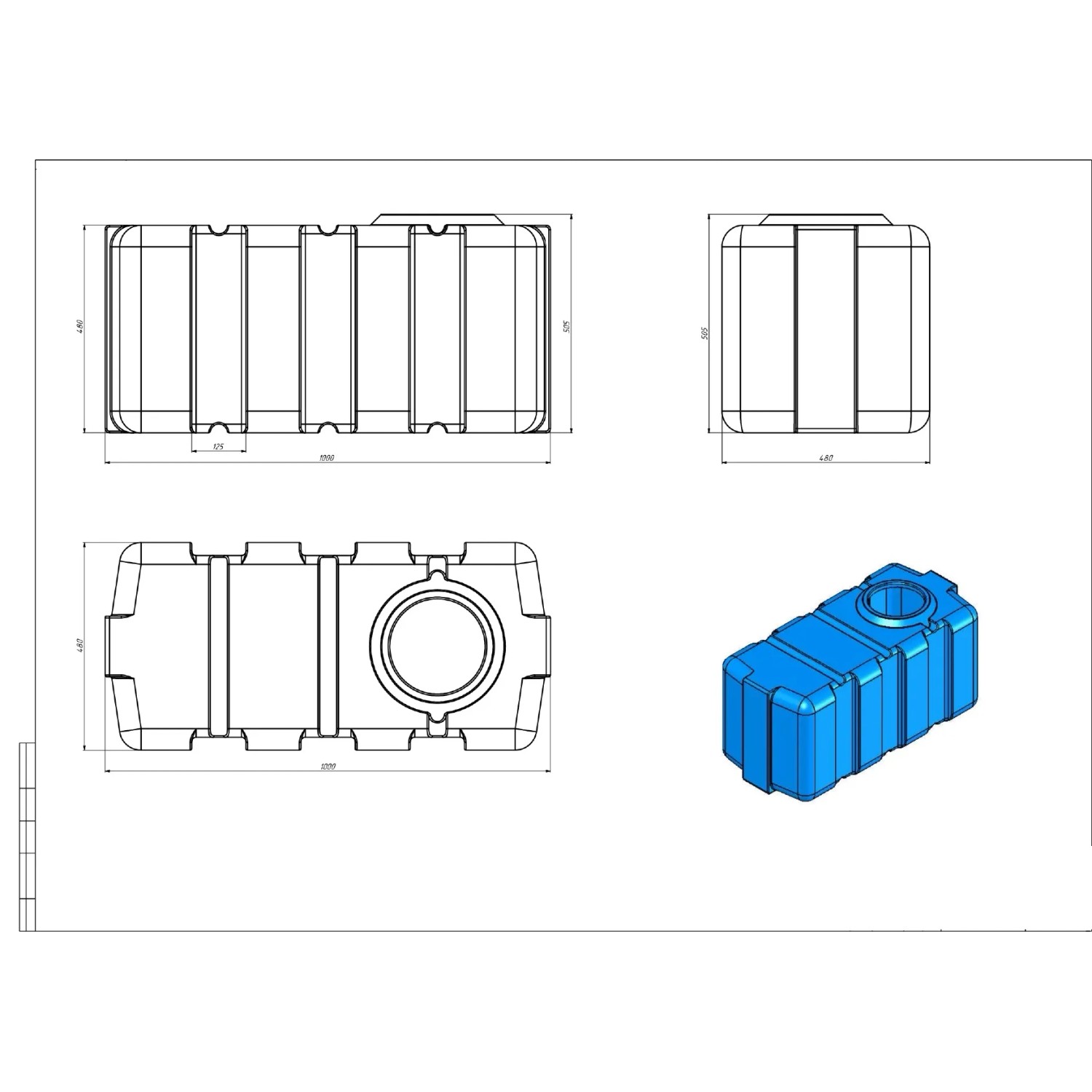 Blauer KMND 200L Rechteck-Trinkwassertank mit technischen Zeichnungen und 3D-Ansicht. Maße und Details sichtbar.