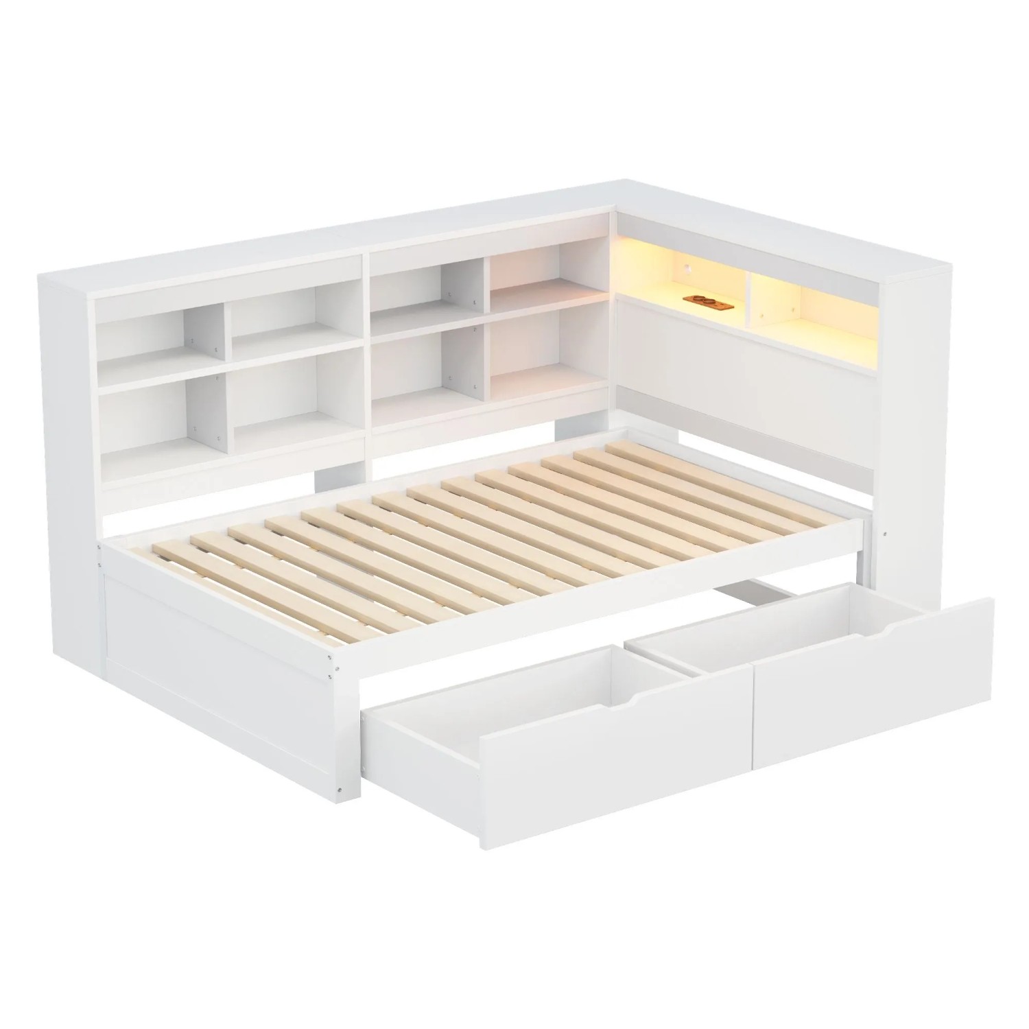 Merax Holzbett 90x200cm LED USB Regal Stauraum Weiß