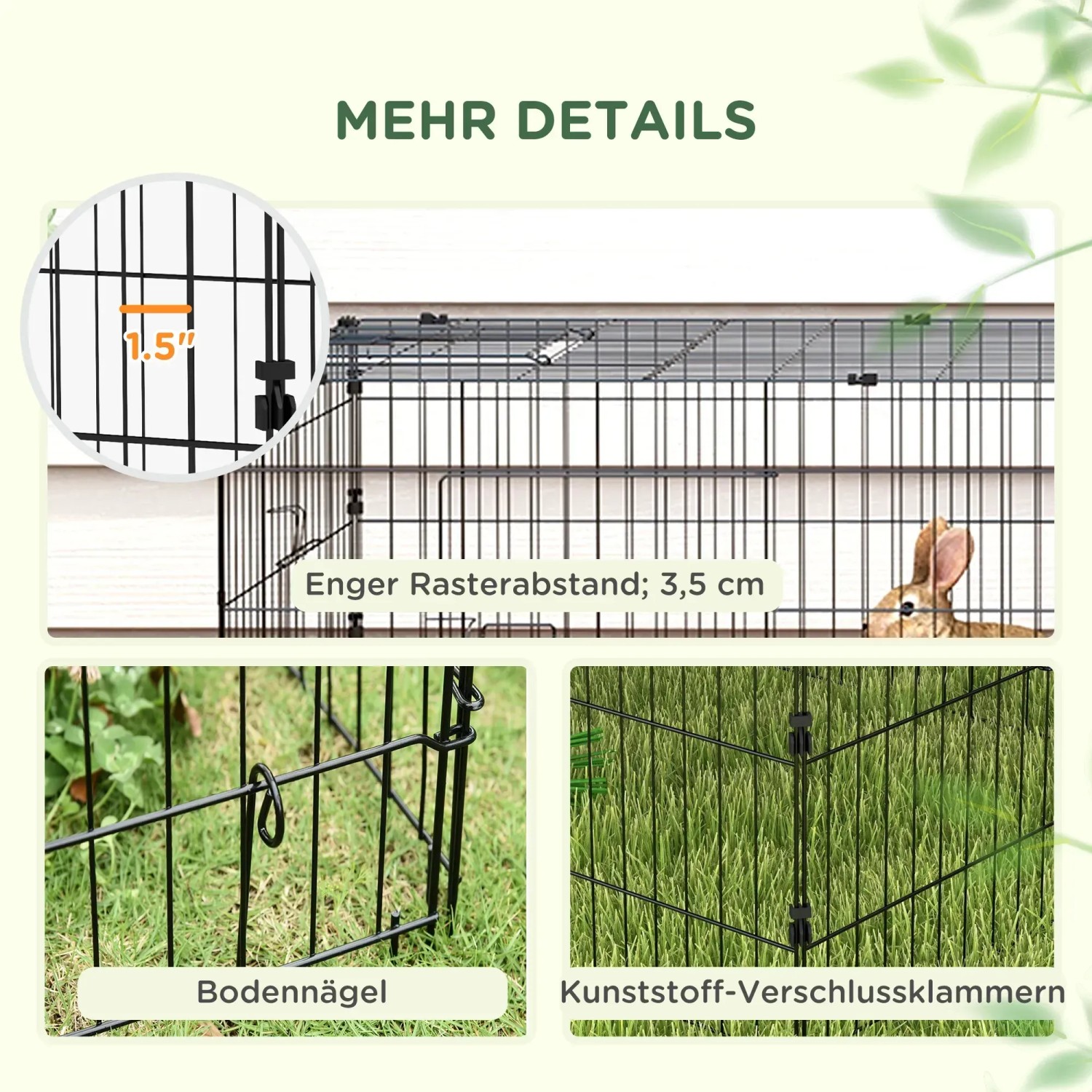 Details des PawHut Kleintierkäfigs: Enge Gitter, Bodennägel und Kunststoff-Verschlussklammern.