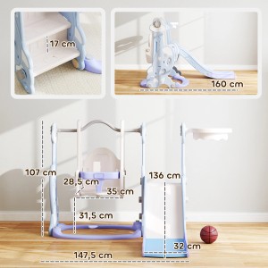 AIYAPLAY Kinderschaukel mit Rutsche, hellblau, mit Klettergerüst und Basketballkorb.