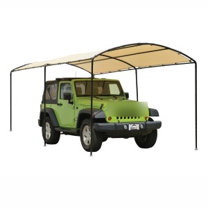 Sandfarbener ShelterLogic Carport 490x270x240 cm mit Auto. Allzweckgarage für Fahrzeuge.