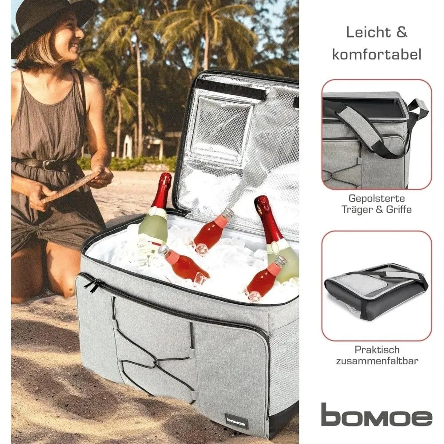 Graue Bomoe Kühltasche IceBreezer (45L) mit Getränken und Eiswürfeln.