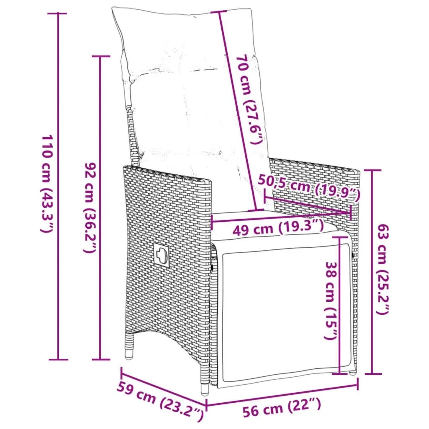 Maßzeichnung des vidaXL Gartensessels Grau Poly Rattan. Verstellbarer Gartenstuhl mit Kissen, zeigt alle wichtigen Abmessungen.
