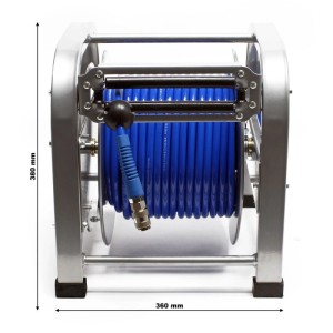 Wiltec Druckluft-Schlauchaufroller mit 30 m blauem Schlauch auf Schlauchtrommel.