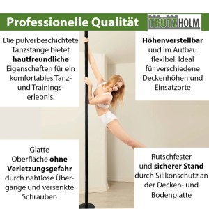 Schwarze TRUTZHOLM Tanzstange, höhenverstellbar, mit Frau in Sportkleidung. Ideal für Pole Dance und Fitness.