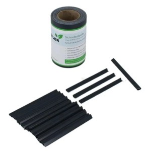 Anthrazitfarbene PVC Sichtschutzstreifen Rolle und 25 Klemmschienen für Doppelstabmattenzaun. 35m x 19cm.