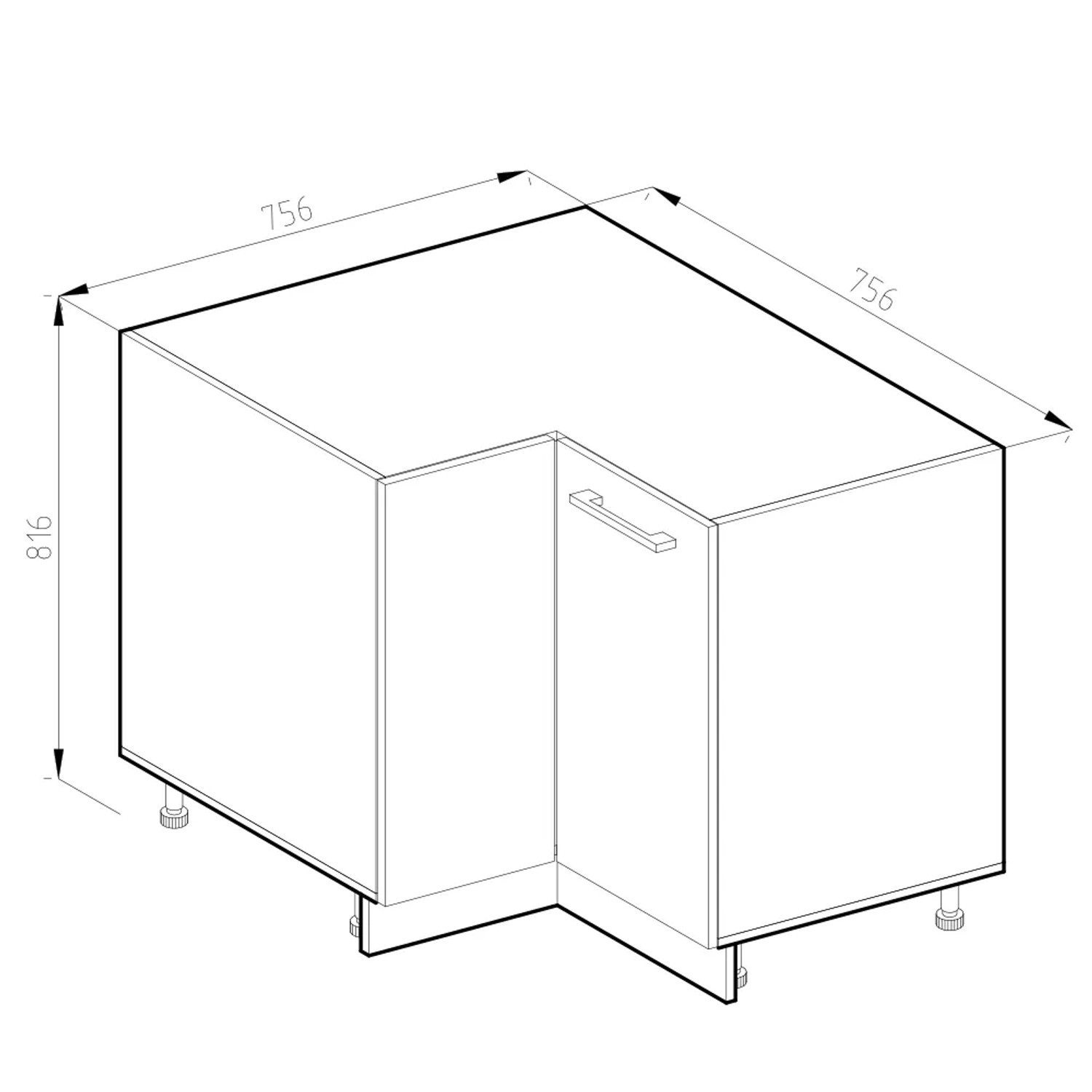 Skizze: Vicco Eckunterschrank R-Line, Sonoma/Weiß, 76 cm, Küchen Eckschrank mit Maßen.