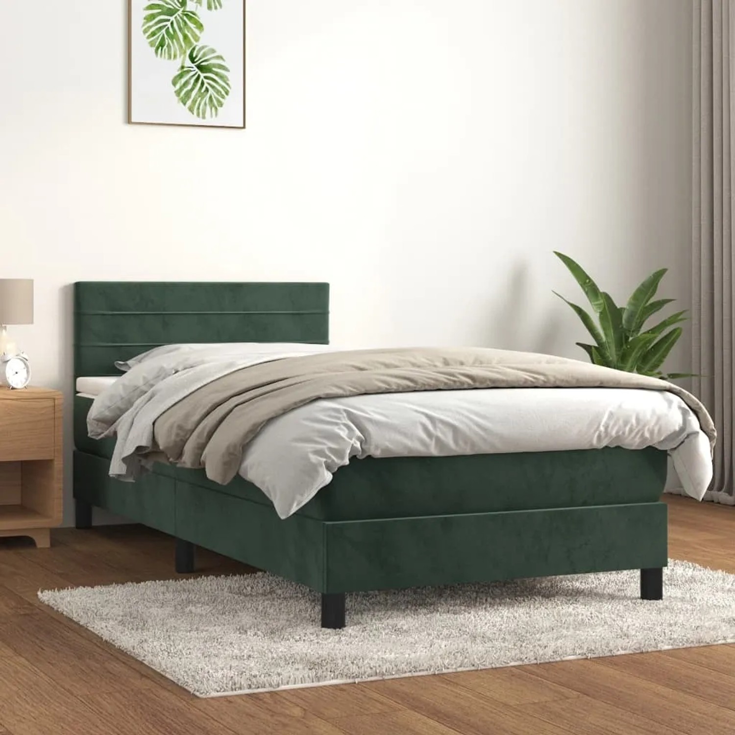 Dunkelgrünes Boxspringbett 90x200 cm mit Samtbezug, Matratze und Kopfteil.