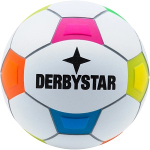 Derbystar Mini-Fußball, weiß mit bunten Feldern, ideal für Spiel und Spaß.