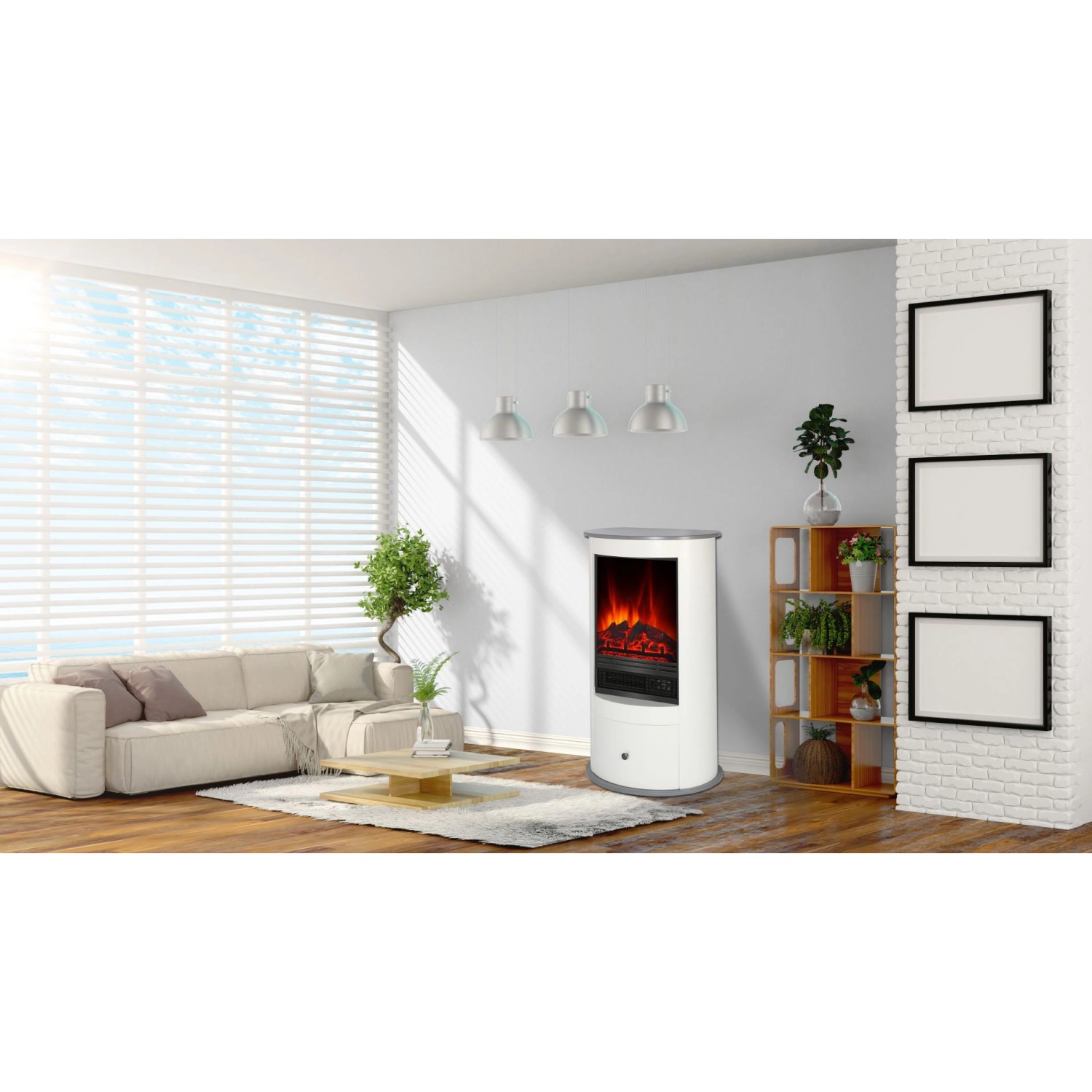 Weißer EL Fuego Elektrokamin Wien II im Wohnzimmer mit simuliertem Kaminfeuer.