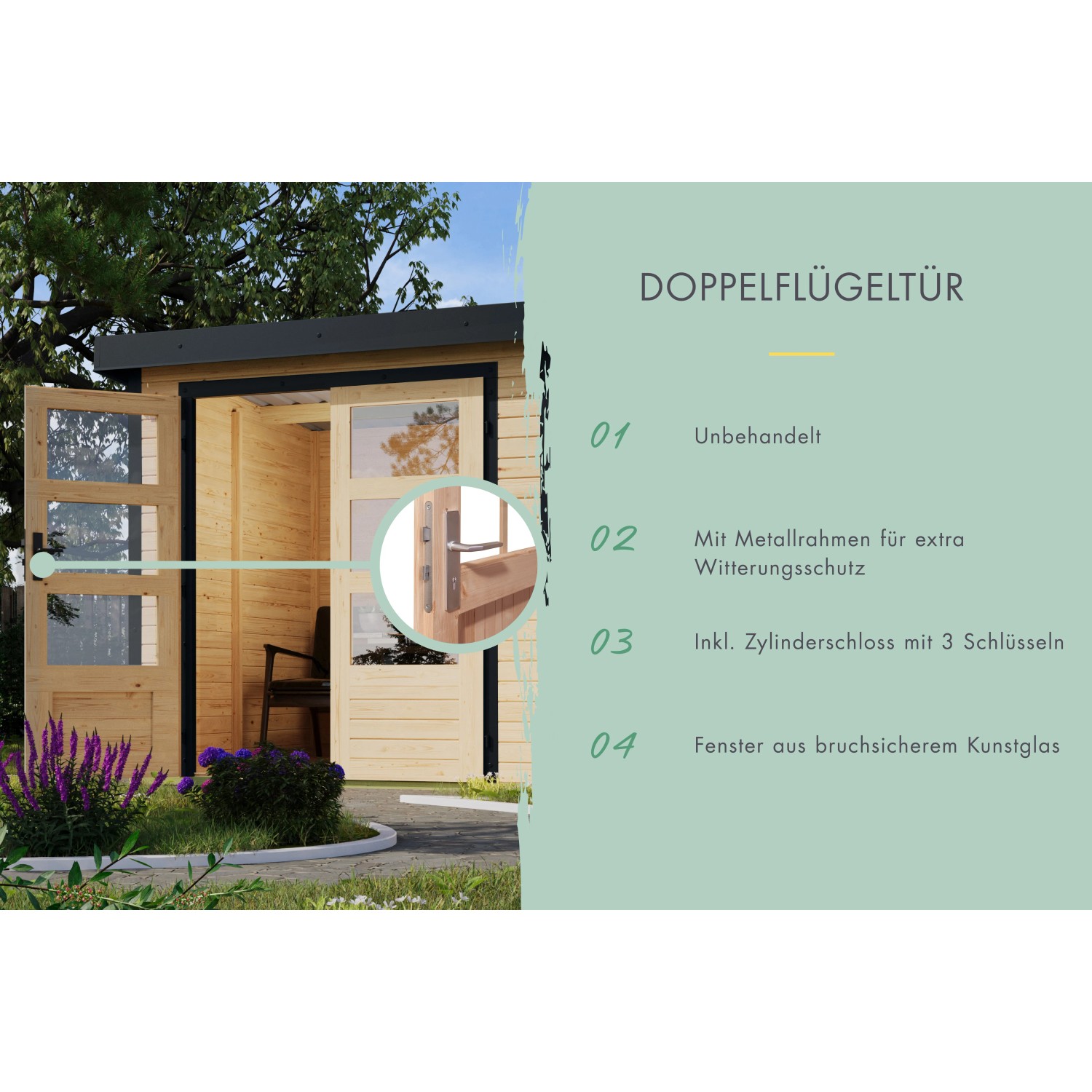 Karibu Gartenhaus Diego A: Gartenhaus aus Holz und Metall mit Doppelflügeltür und bruchsicherem Glas.