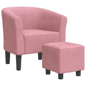 Rosa Samt Clubsessel mit passendem Fußhocker. Bequemer Loungesessel mit runder Rückenlehne und Knopfheftung.