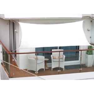 Weißes Floracord Balkonsonnensegel (270x140cm) auf einem Balkon mit Sitzmöbeln.