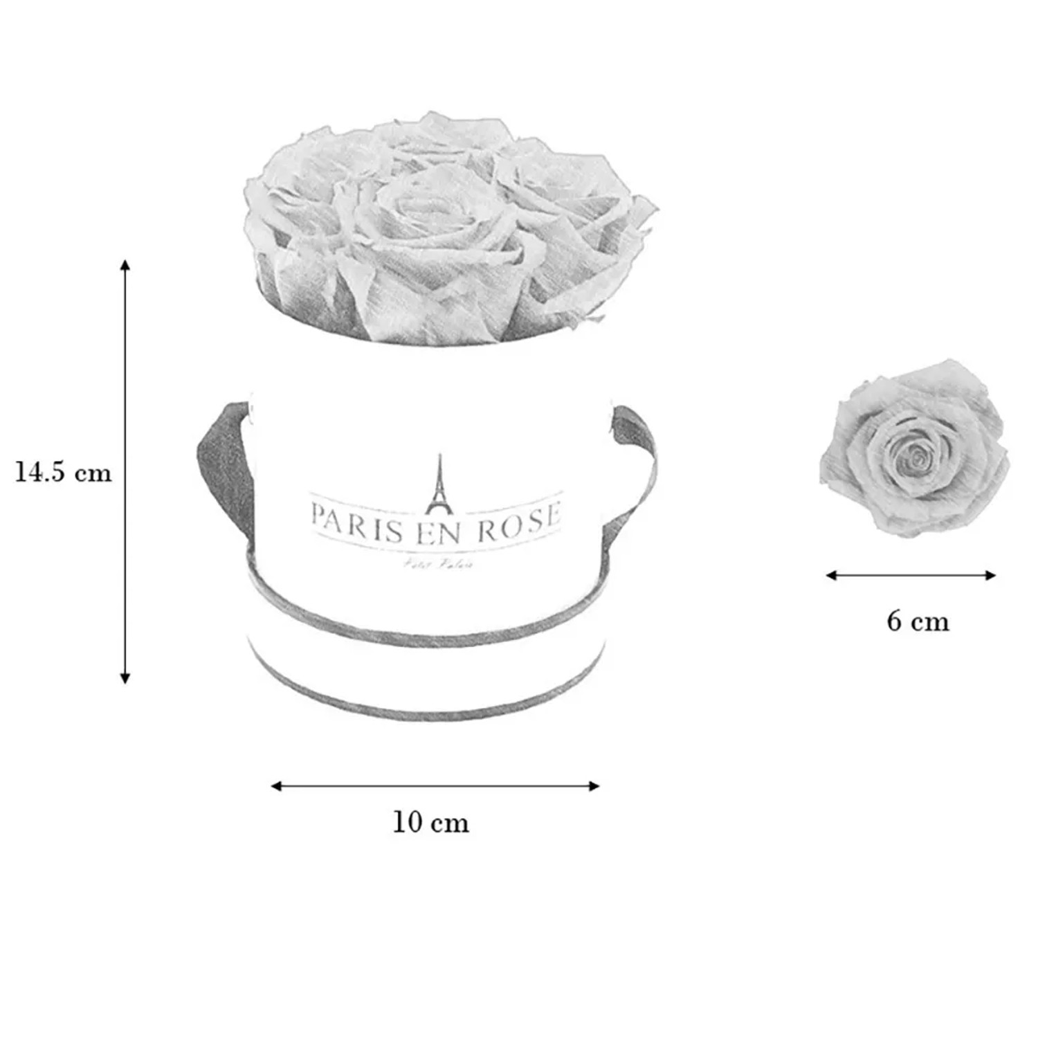 Rosenbox (Ø 10cm) in Weiß-Roségold mit 4 rosa Rosen. Elegante, haltbare Blumendeko.