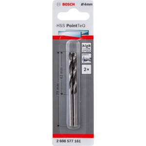 Bosch HSS-Spiralbohrer PointTeQ, 4 mm, 2er-Set in Verpackung.